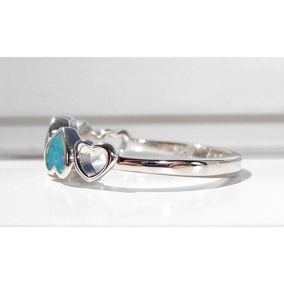 925 STERLING SILVER Lab Created Blue Lavender Fire Opal Hears Ring - Picture 7 of 14